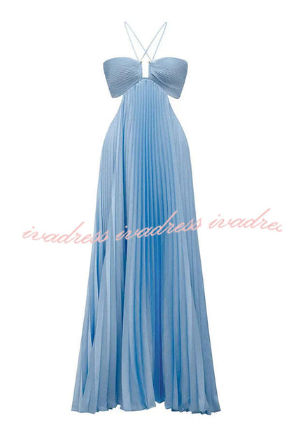 Caught Your Eye Satin Pleated Cross Straps Cutout Flowing Maxi Dress
