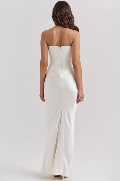 Strapless Corset Bodice Draped Hip Ruched Column Maxi Dress