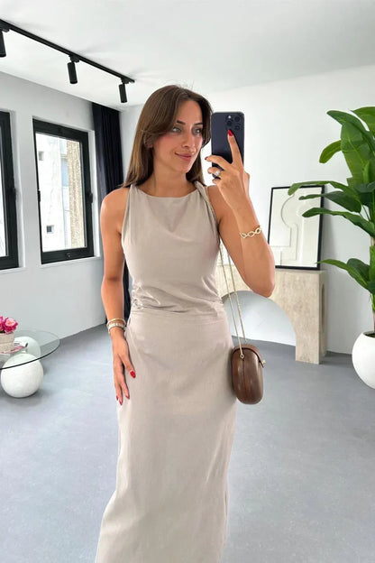 Boat Neck Sleeveless Side Ruched Linen Midi Dress