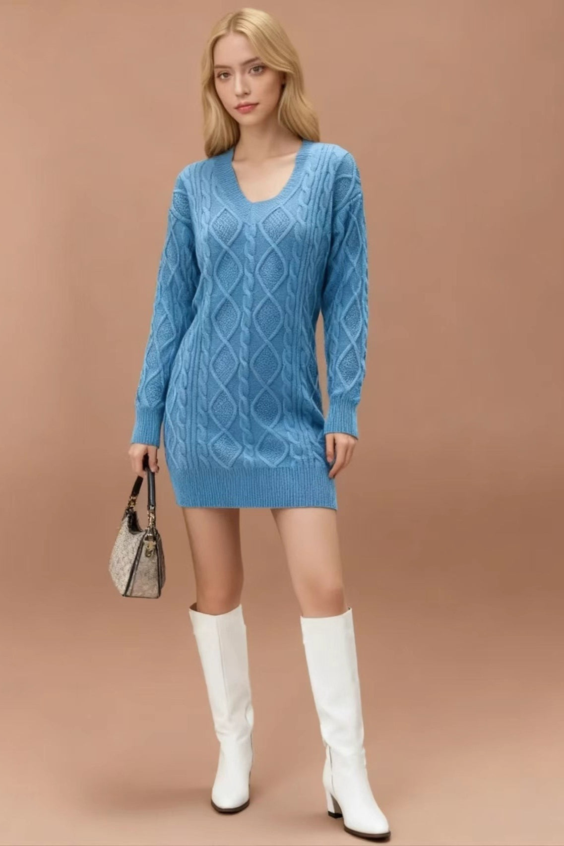 V-Neck Cable Knit Sweater Dress