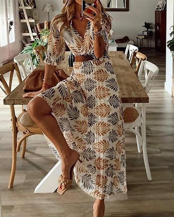 Palm Leaf Print Wrap Crop Top Pleated High Slit Maxi Skirt Set