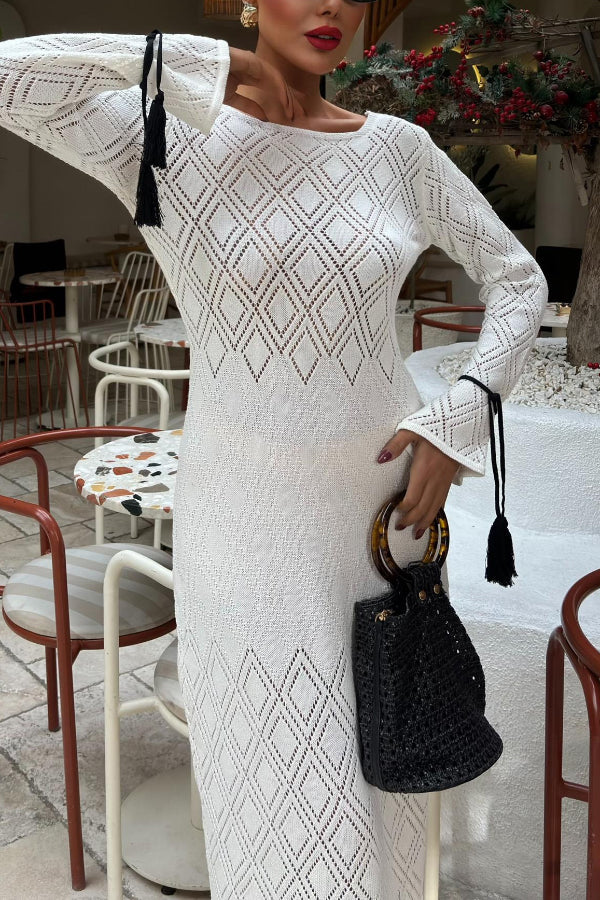 Solid Color Long-sleeved Tie Slim-fit Knit Openwork Cover-up Maxi Dress
