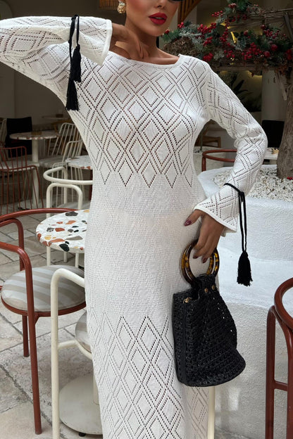 Solid Color Long-sleeved Tie Slim-fit Knit Openwork Cover-up Maxi Dress