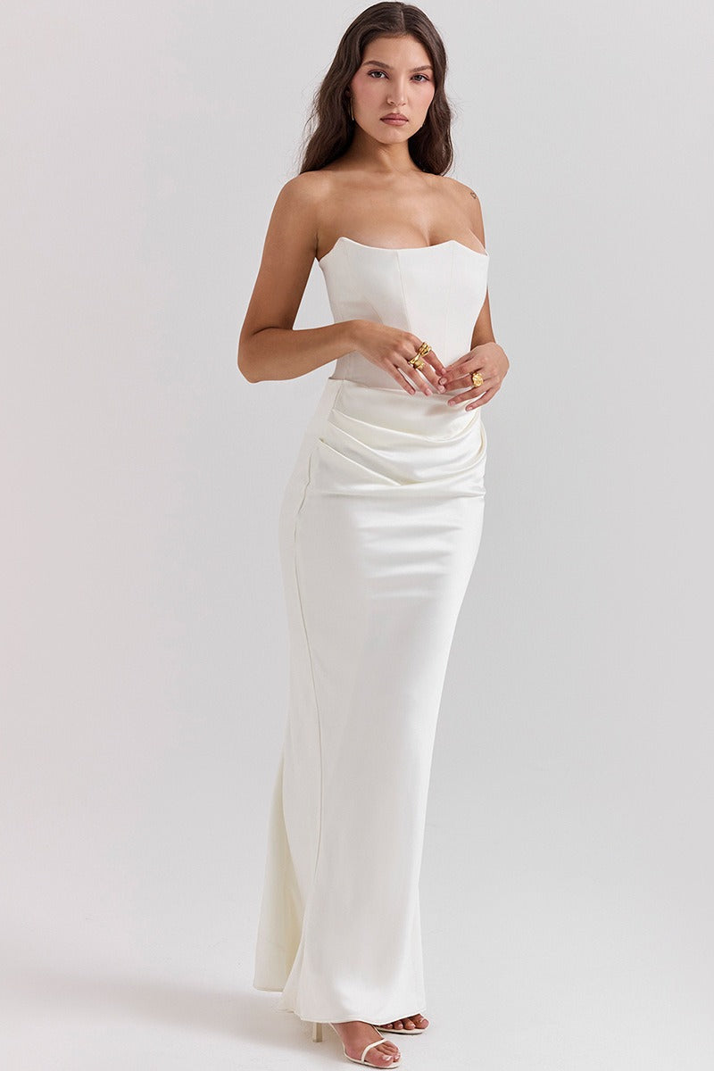Strapless Corset Bodice Draped Hip Ruched Column Maxi Dress