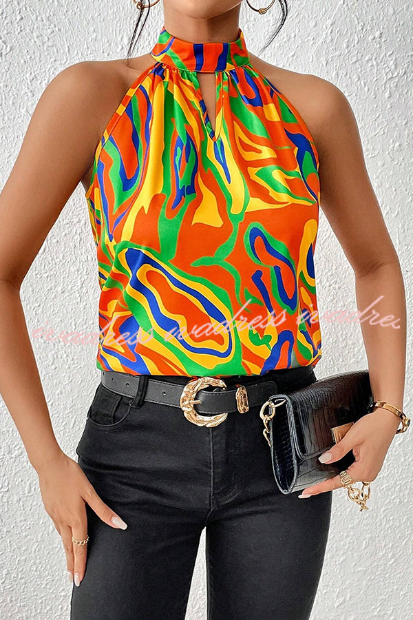 Unique Print Sleeveless Round Neck Loose Top