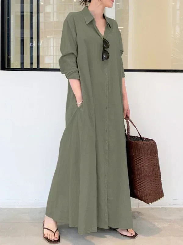 Oversized Button-Front Collared Long Sleeve Pocket Shirt Maxi Dress