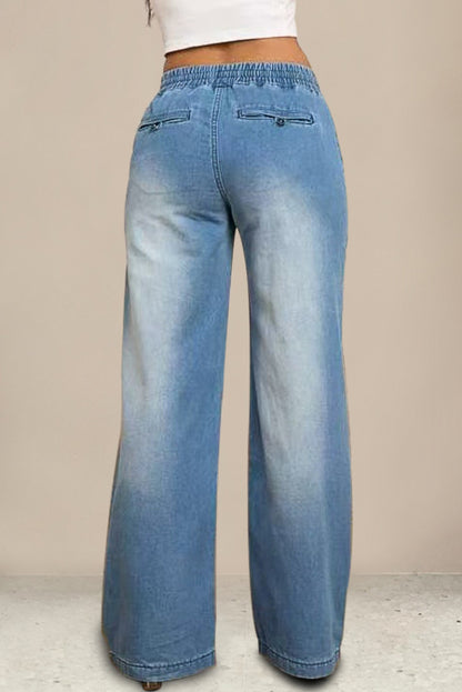 Stylish Elastic Waist Drawstring Pocket Casual Straight Wide-leg Jeans