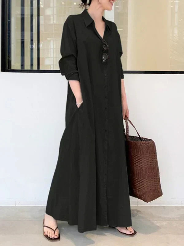 Oversized Button-Front Collared Long Sleeve Pocket Shirt Maxi Dress