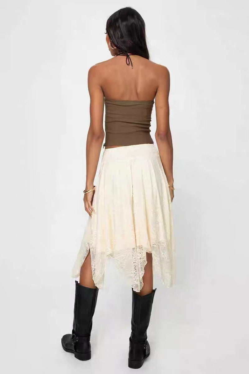 Asymmetrical Hem Lace Detail Midi Skirt