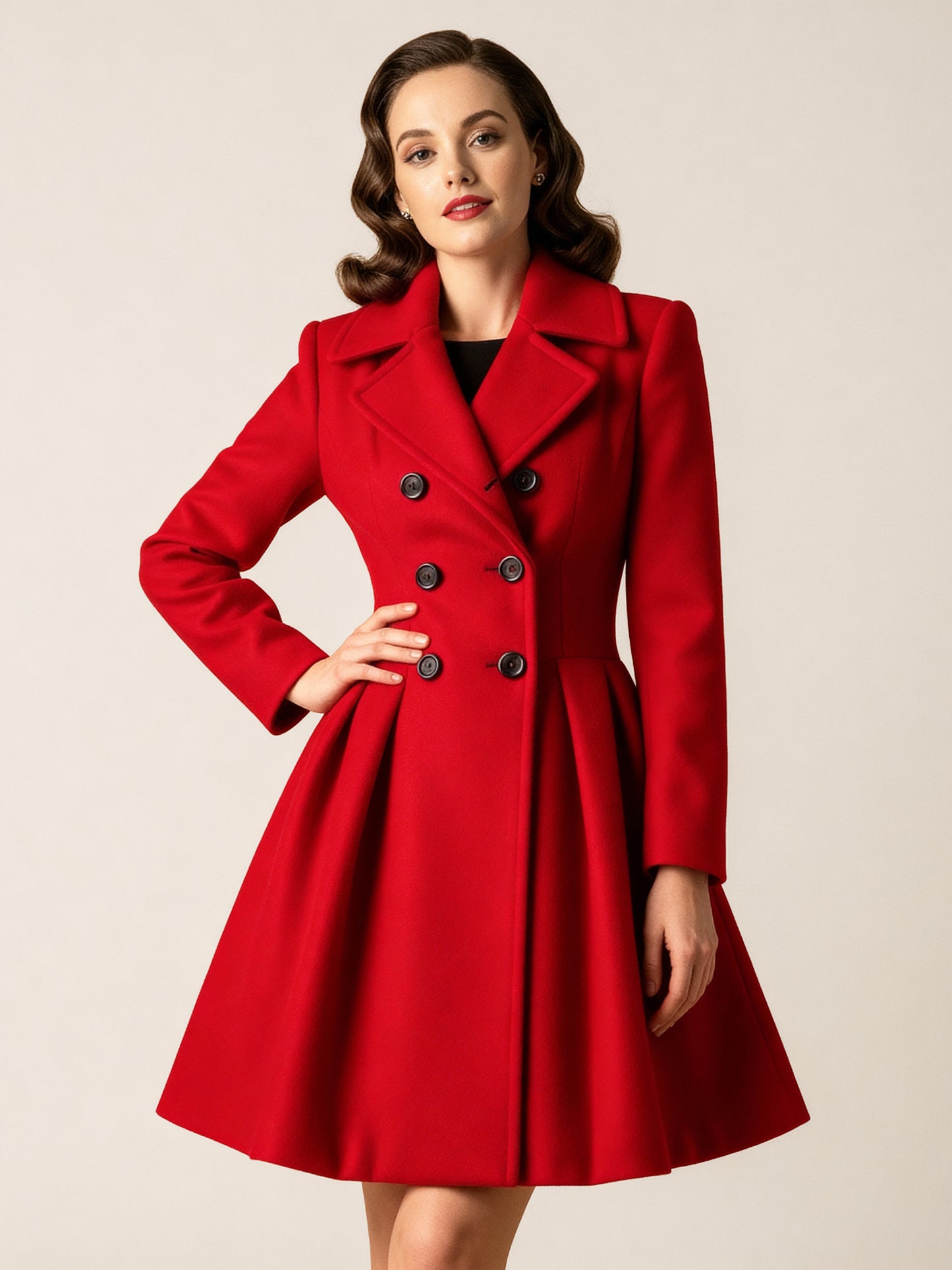 Retro Red 1950s Double-Breasted A-line Woolen Coat For Women 2026