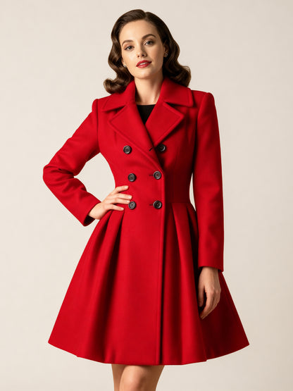 Retro Red 1950s Double-Breasted A-line Woolen Coat For Women 2026