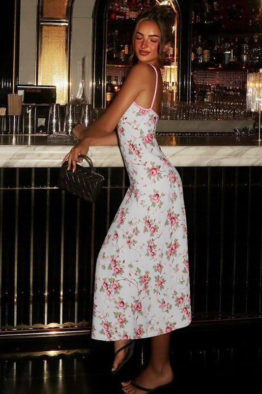 Lace Cup V Neck Floral Print Slip Maxi Dress