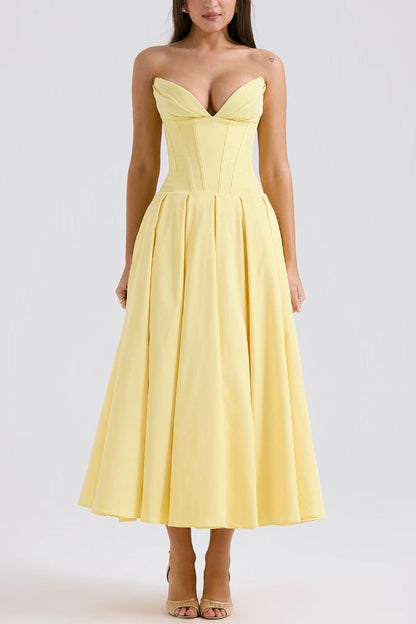 Strapless Corset Sweetheart Neckline Pleated Full Skirt Midi Dress