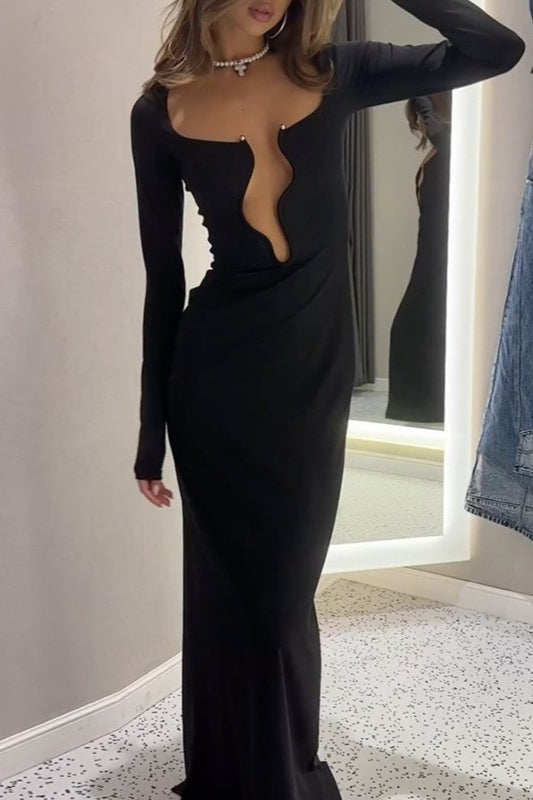 Long Sleeve Plunge Cutout Wired Trim Bodycon Column Maxi Gown