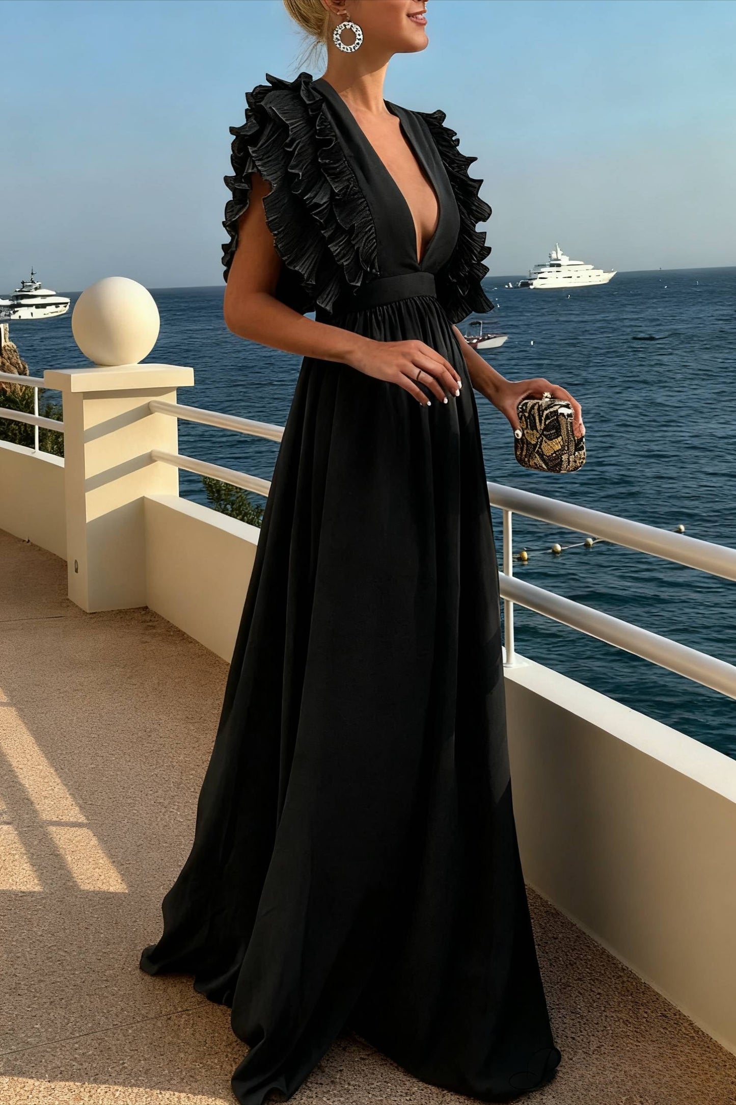 V Neck Ruffled High Waist Dress