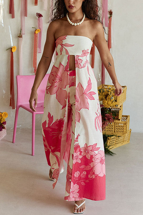 Flora Sunset Linen Blend Printed Front Slit Strapless Midi Top and High Rise Pocket Loose Pants Set