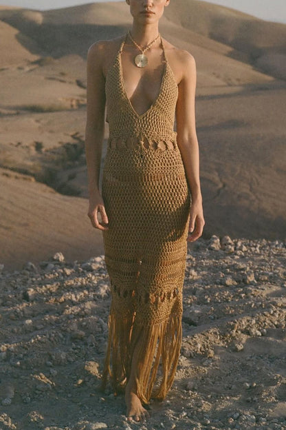 Fashionable Open-knit Backless Elegant Tassel Hem Vacation Cover-up Maxi Dress