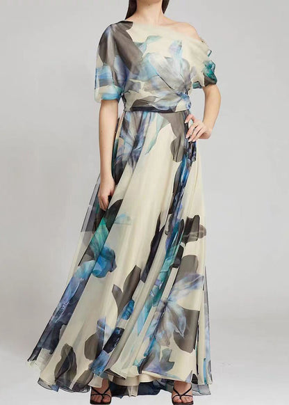 Ladies' French Sky Blue Asymmetric Printed Chiffon Long Skirt Summer