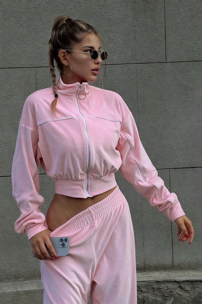 | Velvet Collar Zipper Long Sleeve Two Piece Set