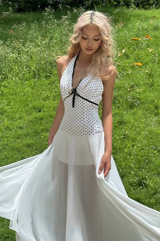 Polka Dot Halter Plunge Bow-Accent Contrast Waist Chiffon Maxi Dress