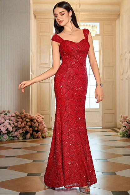 Sequin Embellished Sweetheart Cap Sleeve Mermaid Maxi Gown