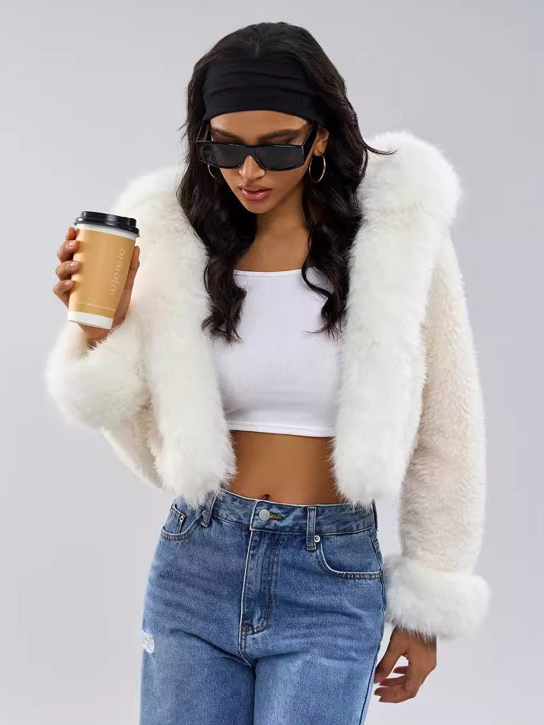 Hooded Faux Fur Coat In White Eco-friendly Winter Cropped Jacket For Women 2026
