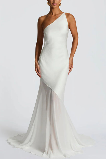 Fable Satin One Shoulder Back Adjustable Straps Contrast Chiffon Hem Maxi Dress