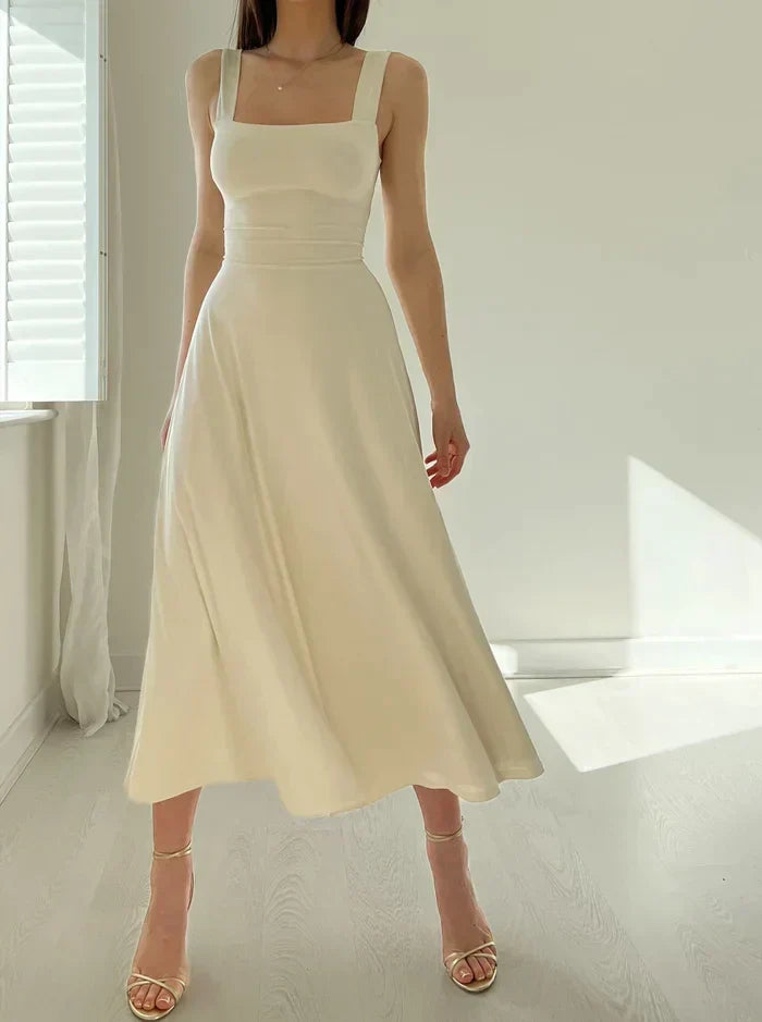 Square Neck Wide Strap A-Line Midi Dress