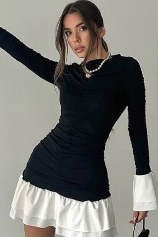 Crew Neck Ruched Long Sleeve Contrast Tiered Ruffle Hem Mini Dress