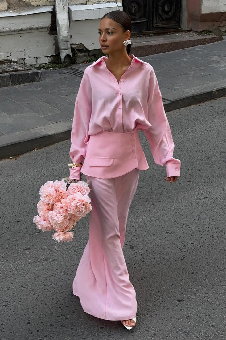 | Solid Long Sleeve Shirtdress Two Piece Set