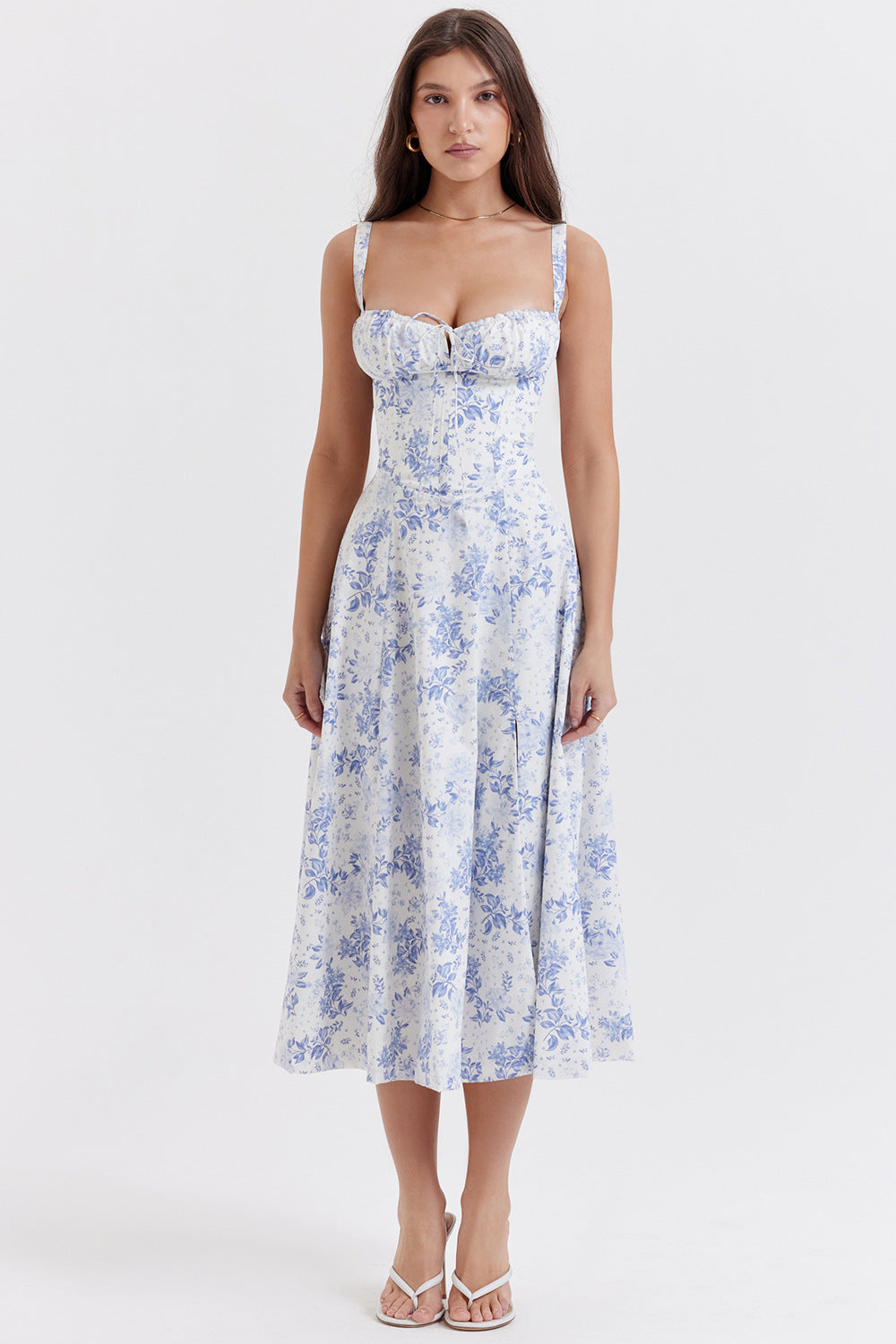 Corset Bodice Ruched Bust Tie-Front Flared Strap Midi Dress