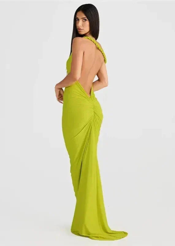 One Shoulder Asymmetric Drape Twisted Strap Bodycon Maxi Dress