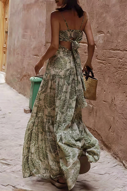 Damask Floral Print Spaghetti Strap Ruched Bust Maxi Dress