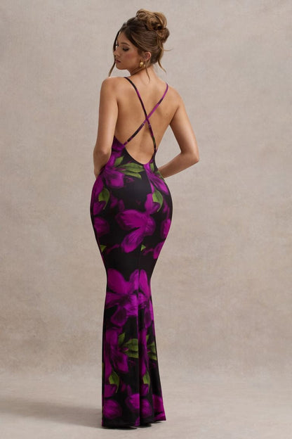 Floral Print Open Back Crisscross Strap Mermaid Maxi Gown