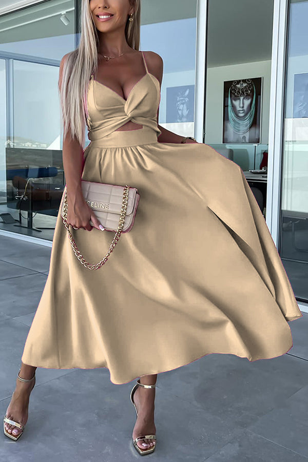 Twist Front Spaghetti Strap Cutout Crop Top High Slit Midi Skirt Set