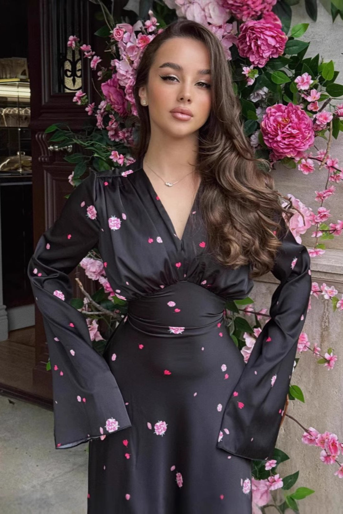 | Satin Floral V Neck Flared Hem Maxi Dress
