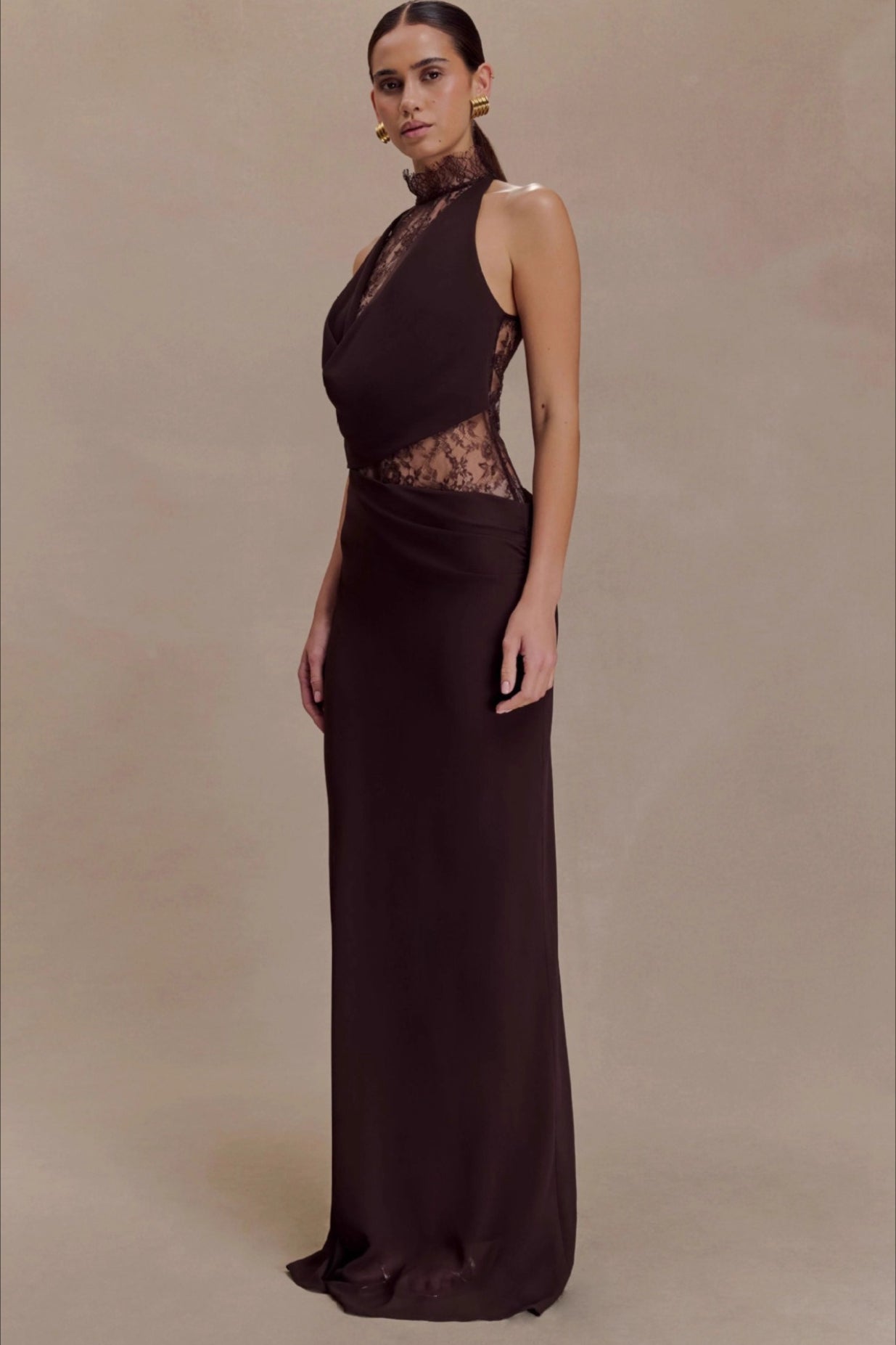 Halter Lace Collar Cowl Neck Diagonal Lace Panel Waist Maxi Gown