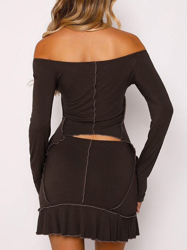 Off Shoulder Top-stitching Cropped Tee & Mini Skirt Set