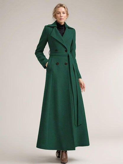 Full-length Woolen Coat For Women Wide Notched Lapel Double-breasted Belted Winter Outerwear In Solid Color 2026