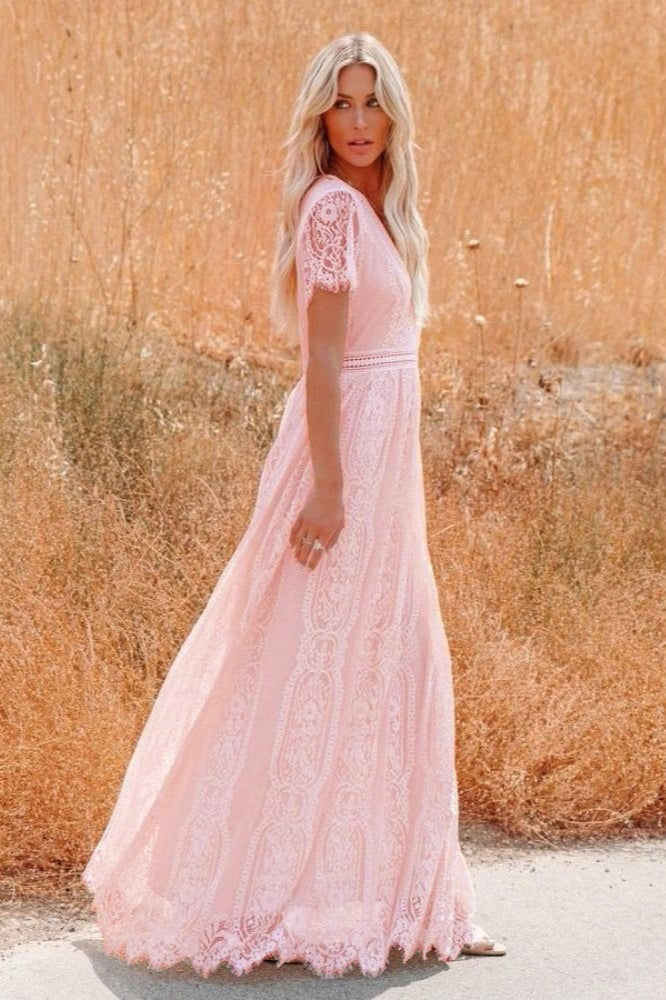 V-Neck Flutter Sleeve Ladder-Trim Lace Boho Maxi Dress