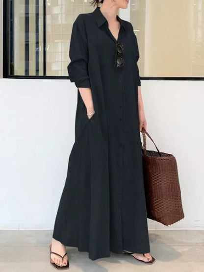 Oversized Button-Front Collared Long Sleeve Pocket Shirt Maxi Dress