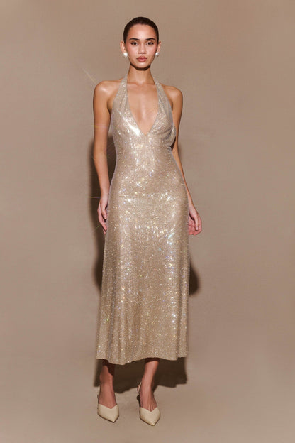 Deep V Neck Halter Sequin Shimmer Metallic Midi Dress