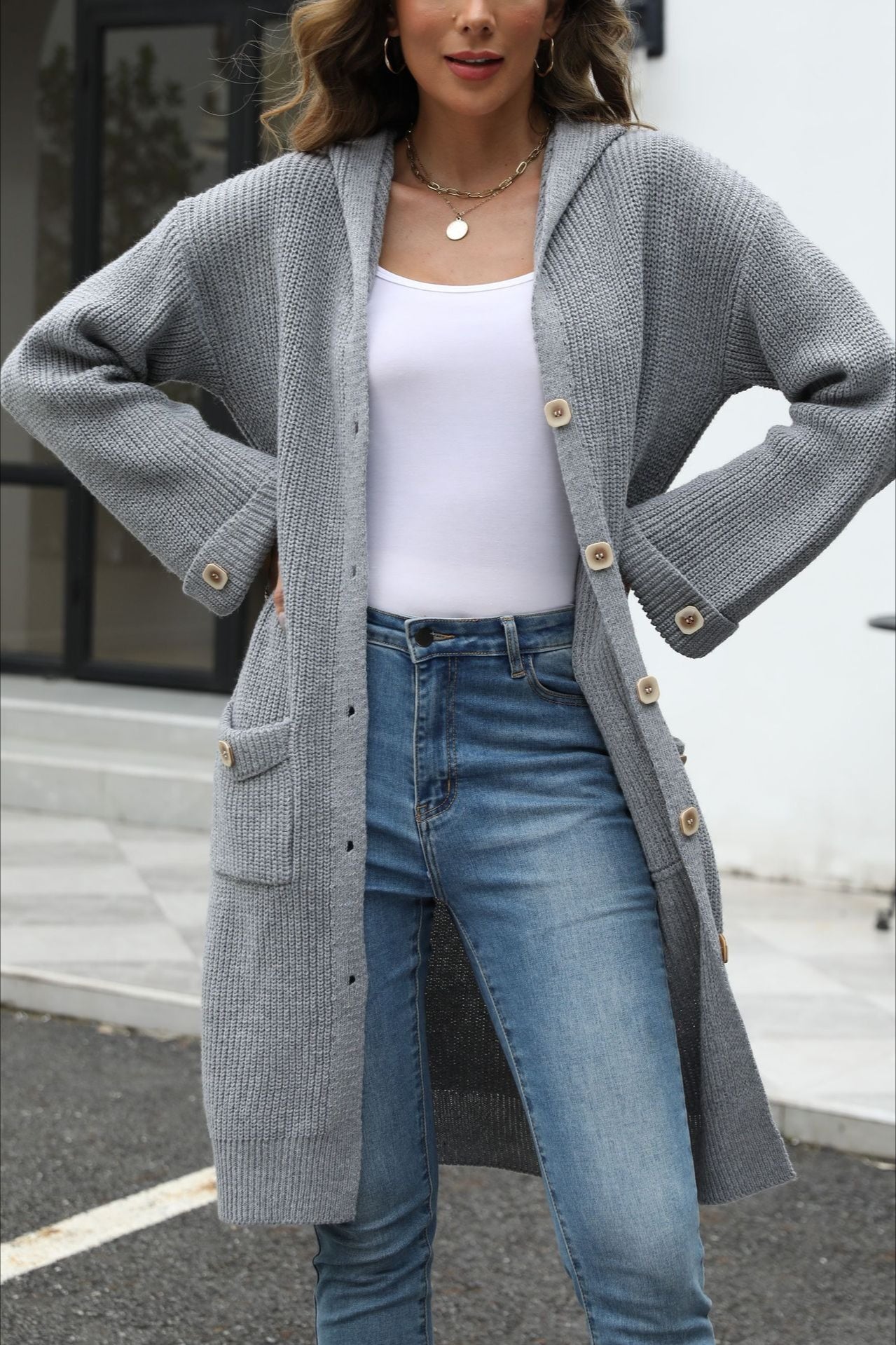 V Neck Solid Color Cardigan