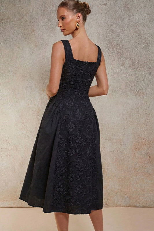Square Neck Sleeveless Floral Embroidered Center Panel A-Line Midi Dress