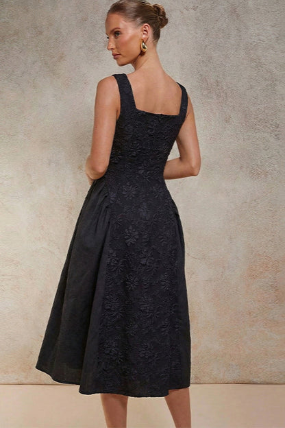 Square Neck Sleeveless Floral Embroidered Center Panel A-Line Midi Dress