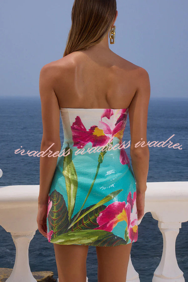 Beach Club Sequin Unique Print Strapless Stretch Mini Dress