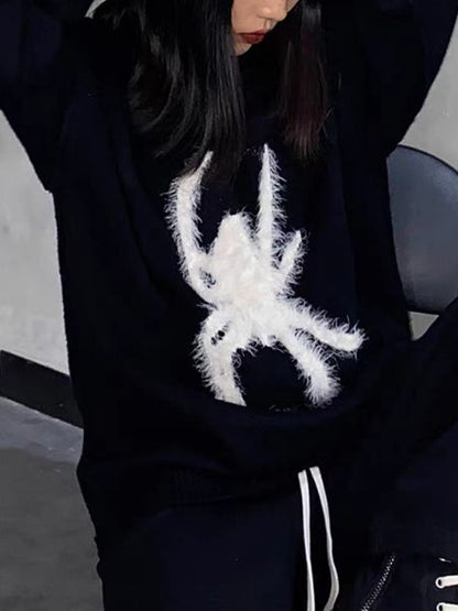 Plush Spider Print Loose Sweater