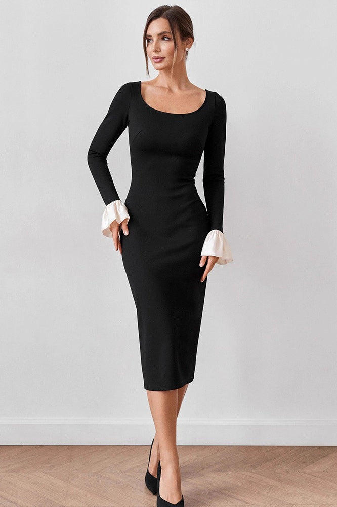 Scoop Neck Long Sleeve Flared Contrast Cuff Bodycon Midi Dress