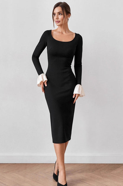 Scoop Neck Long Sleeve Flared Contrast Cuff Bodycon Midi Dress