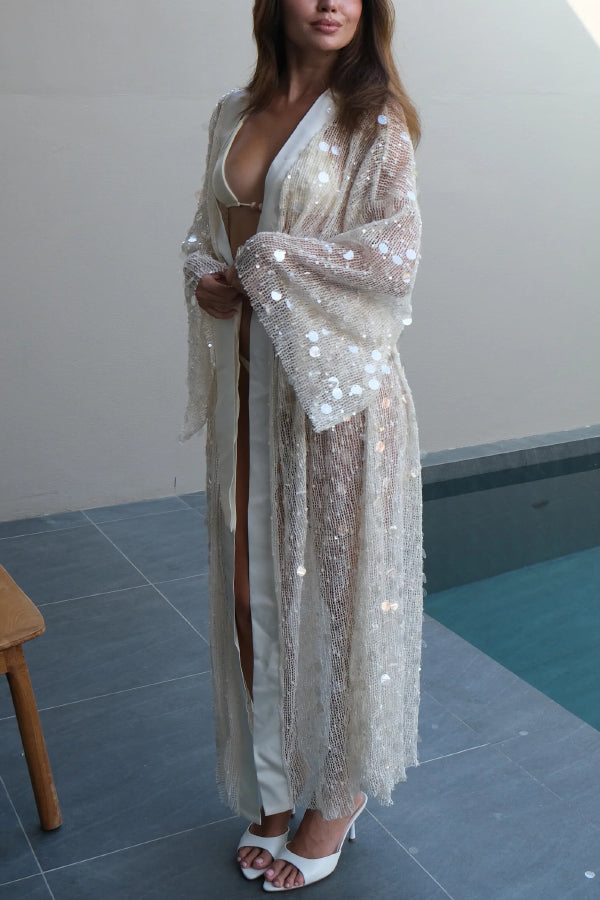 Fashionable Sequined Loose Long-sleeved Tie-front Holiday Casual Cover-up